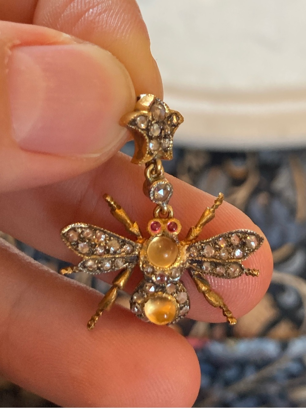 Antique Victorian Rose-Cut Diamond Citrine Pink Spinel Star & Bee Pendant
